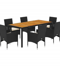 7-tlg. Garten-Essgruppe mit Kissen Schwarz Poly Rattan Akazie
