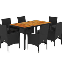 7-tlg. Garten-Essgruppe mit Kissen Schwarz Poly Rattan Akazie