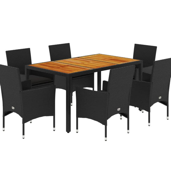 7-tlg. Garten-Essgruppe mit Kissen Schwarz Poly Rattan Akazie