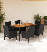 7-tlg. Garten-Essgruppe mit Kissen Schwarz Poly Rattan Akazie