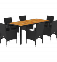 7-tlg. Garten-Essgruppe mit Kissen Schwarz Poly Rattan Akazie