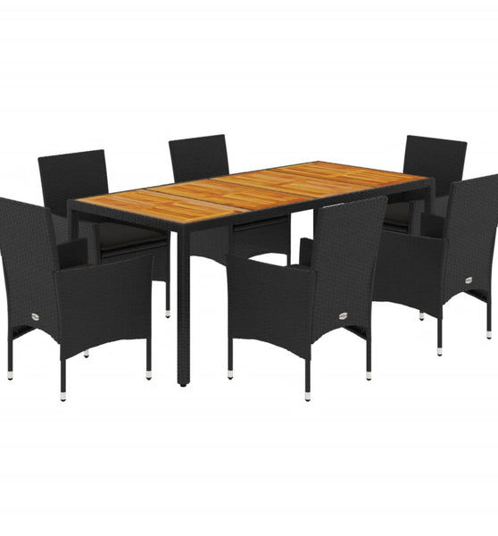 7-tlg. Garten-Essgruppe mit Kissen Schwarz Poly Rattan Akazie