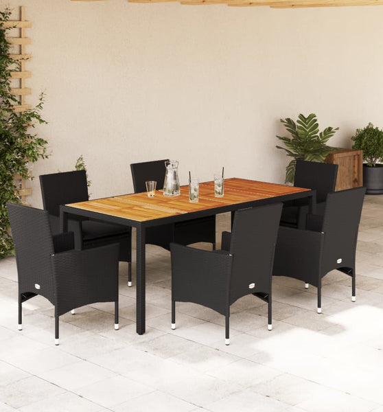 7-tlg. Garten-Essgruppe mit Kissen Schwarz Poly Rattan Akazie
