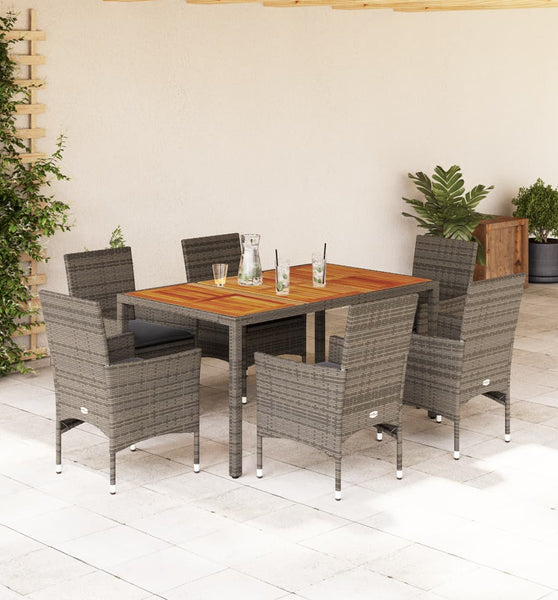 7-tlg. Garten-Essgruppe mit Kissen Grau Poly Rattan Akazie