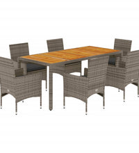 7-tlg. Garten-Essgruppe mit Kissen Grau Poly Rattan Akazie