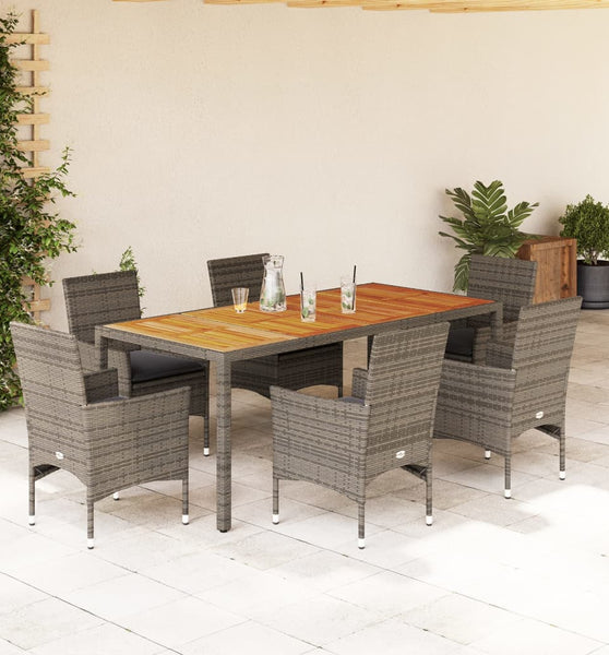 7-tlg. Garten-Essgruppe mit Kissen Grau Poly Rattan Akazie