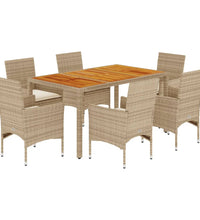 7-tlg. Garten-Essgruppe mit Kissen Beige Poly Rattan Akazie