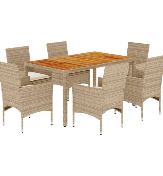 7-tlg. Garten-Essgruppe mit Kissen Beige Poly Rattan Akazie