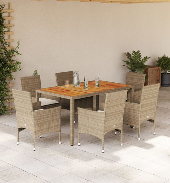 7-tlg. Garten-Essgruppe mit Kissen Beige Poly Rattan Akazie