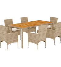 7-tlg. Garten-Essgruppe mit Kissen Beige Poly Rattan Akazie