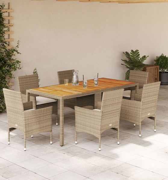 7-tlg. Garten-Essgruppe mit Kissen Beige Poly Rattan Akazie