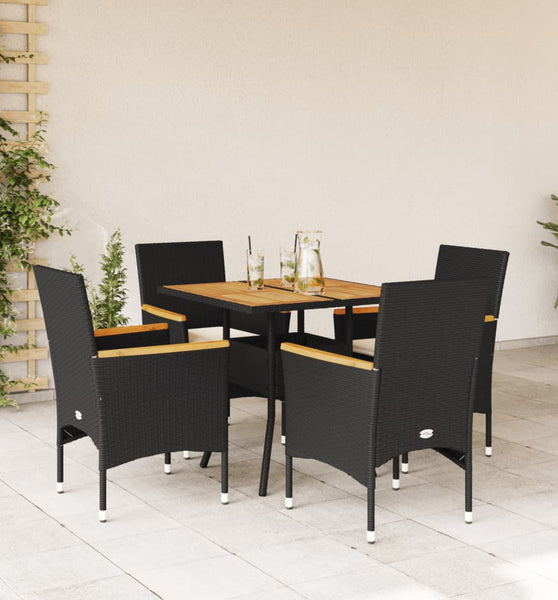 5-tlg. Garten-Essgruppe mit Kissen Schwarz Poly Rattan Akazie