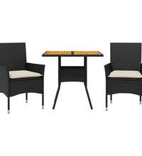 3-tlg. Garten-Essgruppe mit Kissen Schwarz Poly Rattan Akazie