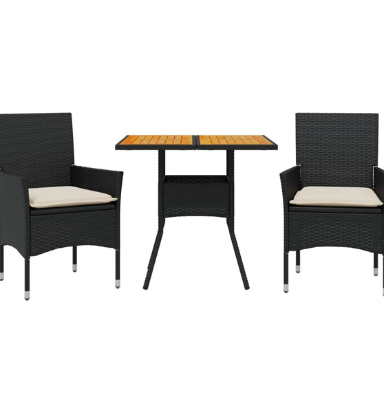 3-tlg. Garten-Essgruppe mit Kissen Schwarz Poly Rattan Akazie