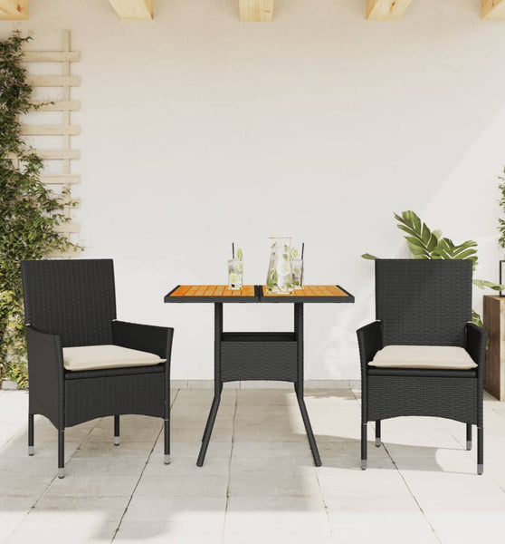 3-tlg. Garten-Essgruppe mit Kissen Schwarz Poly Rattan Akazie