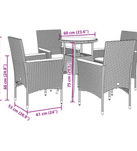 5-tlg. Garten-Essgruppe mit Kissen Grau Poly Rattan und Glas