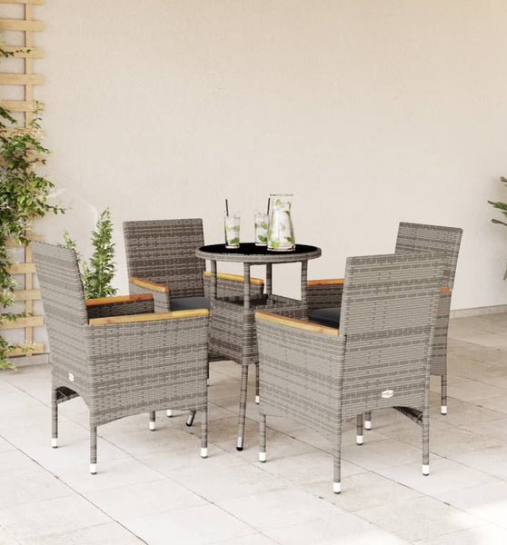 5-tlg. Garten-Essgruppe mit Kissen Grau Poly Rattan und Glas
