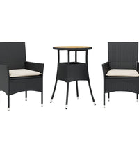 3-tlg. Garten-Essgruppe mit Kissen Schwarz Poly Rattan Akazie