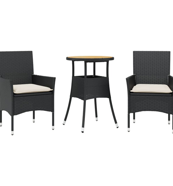 3-tlg. Garten-Essgruppe mit Kissen Schwarz Poly Rattan Akazie
