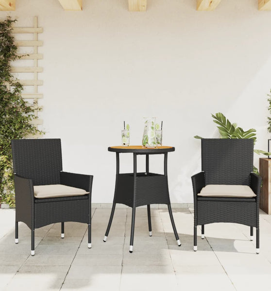 3-tlg. Garten-Essgruppe mit Kissen Schwarz Poly Rattan Akazie