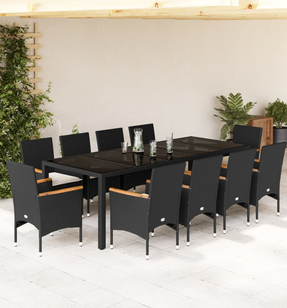 11-tlg. Garten-Essgruppe mit Kissen Schwarz Poly Rattan Glas