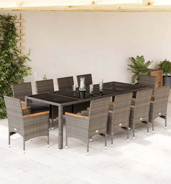 11-tlg. Garten-Essgruppe mit Kissen Grau Poly Rattan Glas