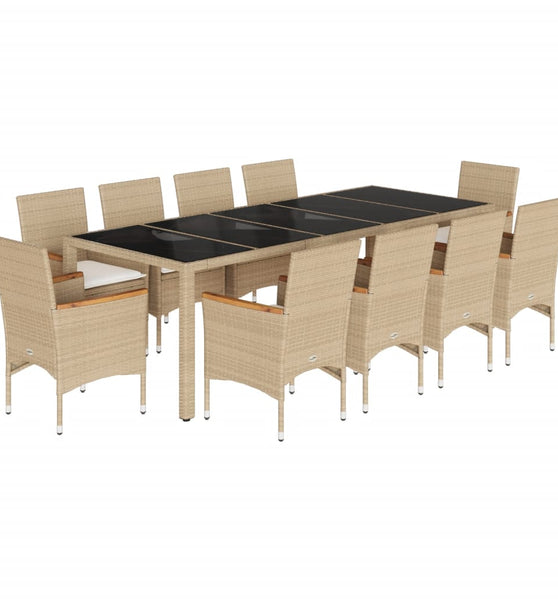11-tlg. Garten-Essgruppe mit Kissen Beige Poly Rattan und Glas