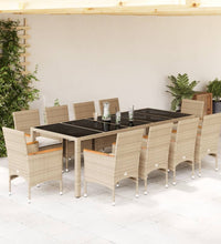 11-tlg. Garten-Essgruppe mit Kissen Beige Poly Rattan und Glas