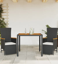3-tlg. Garten-Essgruppe mit Kissen Schwarz Poly Rattan