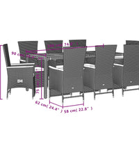 9-tlg. Garten-Essgruppe mit Kissen Schwarz Poly Rattan
