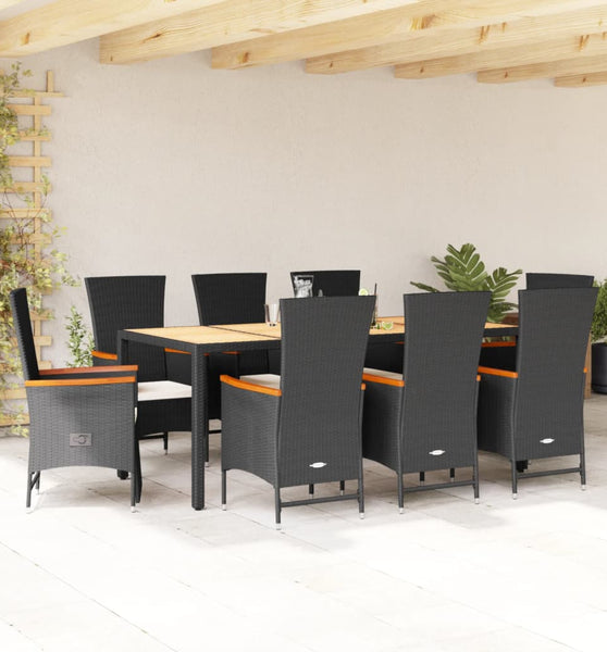 9-tlg. Garten-Essgruppe mit Kissen Schwarz Poly Rattan