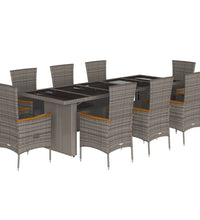 9-tlg. Garten-Essgruppe mit Kissen Grau Poly Rattan