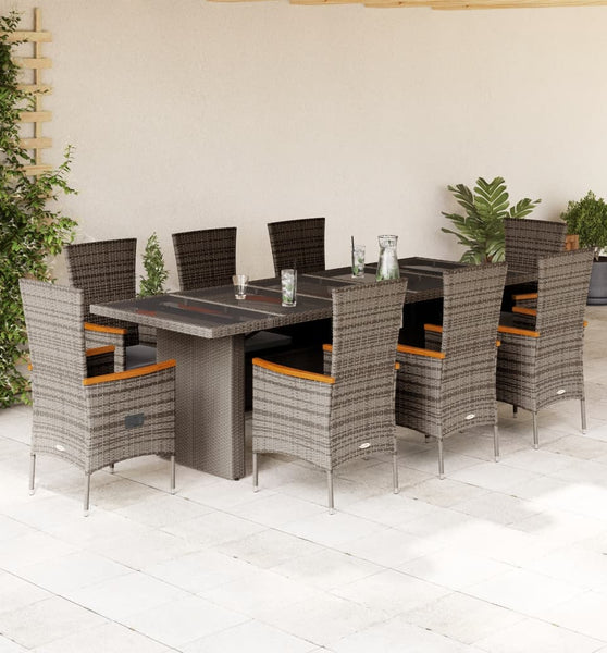 9-tlg. Garten-Essgruppe mit Kissen Grau Poly Rattan