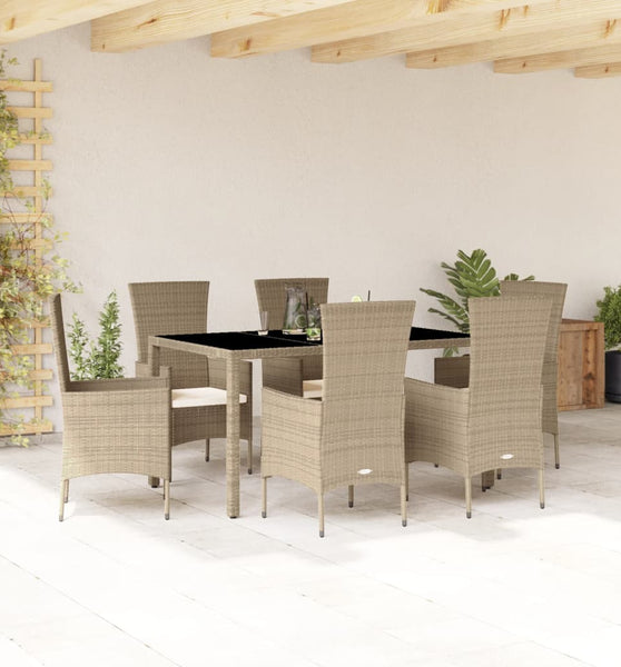 7-tlg. Garten-Essgruppe mit Kissen Beige Poly Rattan