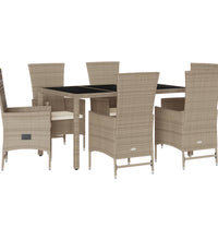 7-tlg. Garten-Essgruppe mit Kissen Beige Poly Rattan