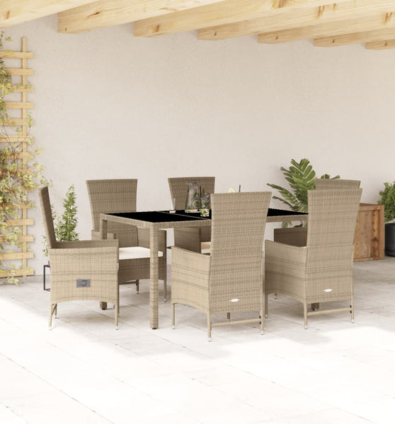 7-tlg. Garten-Essgruppe mit Kissen Beige Poly Rattan