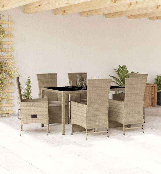 7-tlg. Garten-Essgruppe mit Kissen Beige Poly Rattan