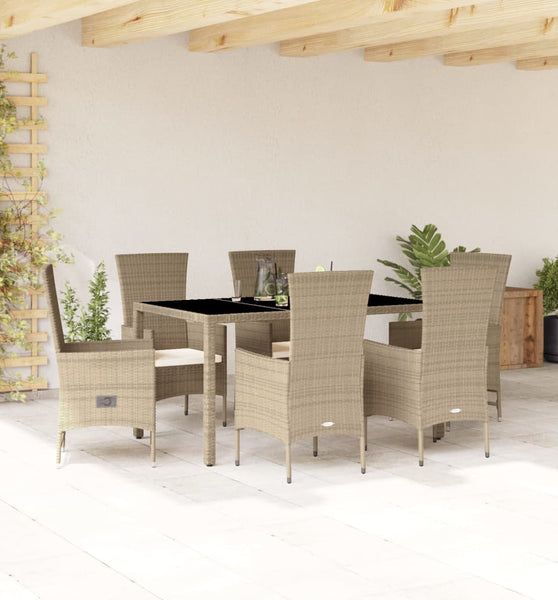 7-tlg. Garten-Essgruppe mit Kissen Beige Poly Rattan
