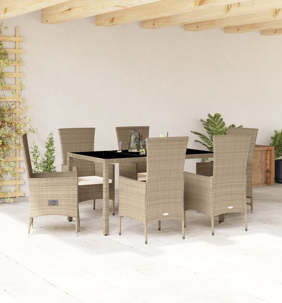 7-tlg. Garten-Essgruppe mit Kissen Beige Poly Rattan