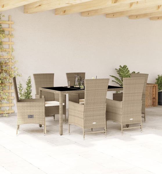 7-tlg. Garten-Essgruppe mit Kissen Beige Poly Rattan