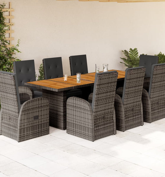 9-tlg. Garten-Essgruppe mit Kissen Grau Poly Rattan