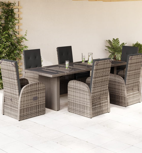 7-tlg. Garten-Essgruppe mit Kissen Grau Poly Rattan