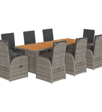 9-tlg. Garten-Essgruppe mit Kissen Grau Poly Rattan