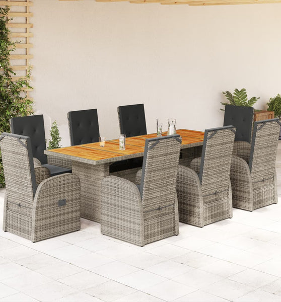 9-tlg. Garten-Essgruppe mit Kissen Grau Poly Rattan