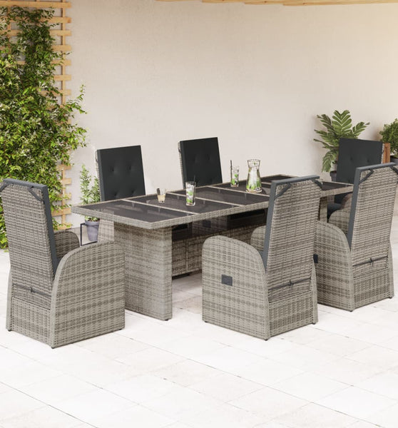7-tlg. Garten-Essgruppe mit Kissen Grau Poly Rattan