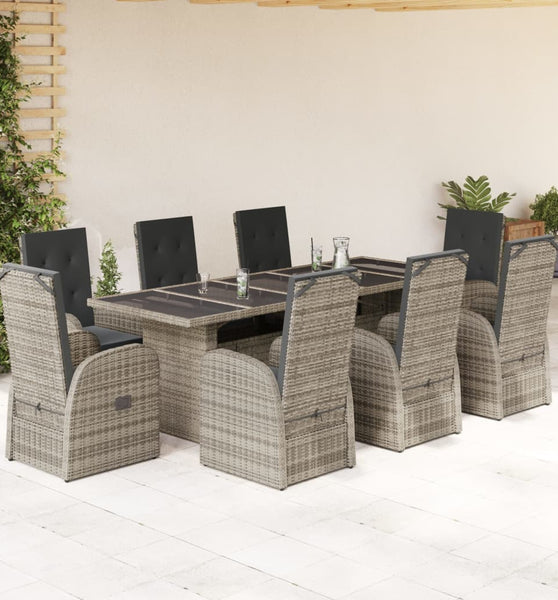 9-tlg. Garten-Essgruppe mit Kissen Grau Poly Rattan