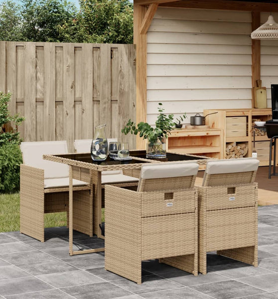 5-tlg. Garten-Essgruppe mit Kissen Beige Poly Rattan