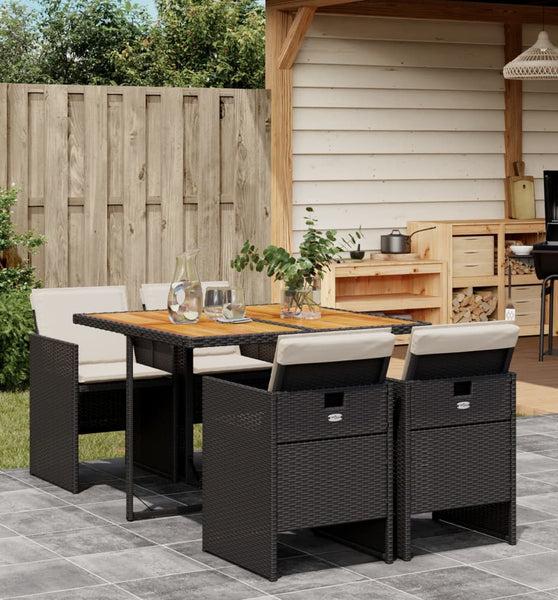 5-tlg. Garten-Essgruppe mit Kissen Schwarz Poly Rattan