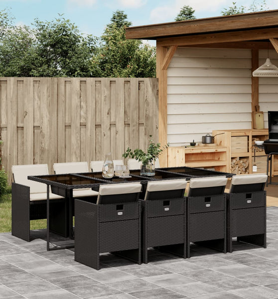 9-tlg. Garten-Essgruppe mit Kissen Schwarz Poly Rattan