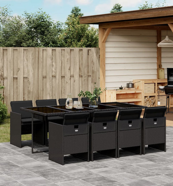 9-tlg. Garten-Essgruppe mit Kissen Schwarz Poly Rattan